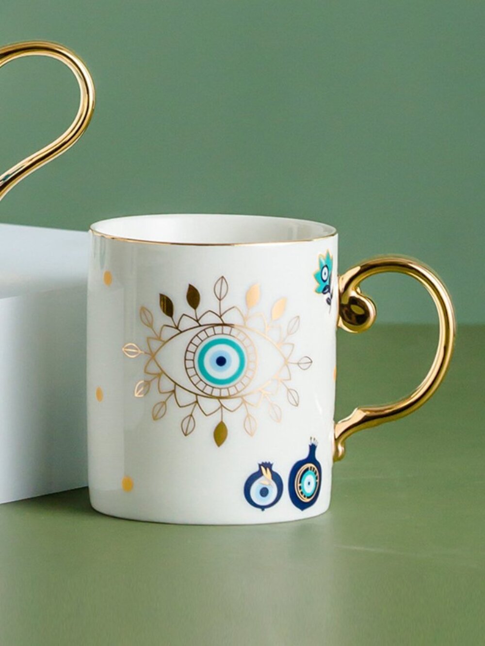 Evil Eye Ceramic Coffee Mug with Gold Handle, Nazar Blue Eye Mug, Hamsa Mug